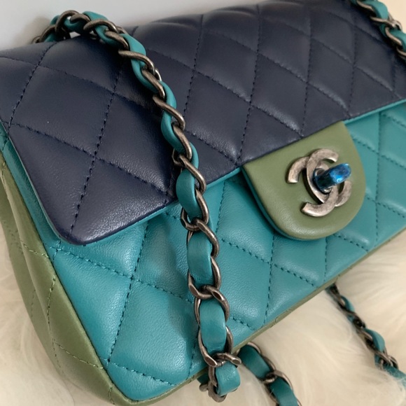 SOLD-CHANEL Blue Navy Green Lambskin Mini Bag - Picture 3 of 7